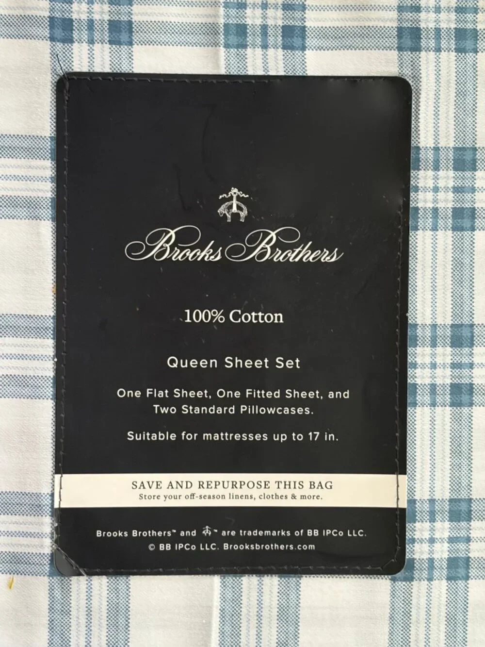 NEW Brooks Brothers Queen Size Cotton Sheet Set Blue / White Window Pane Plaid